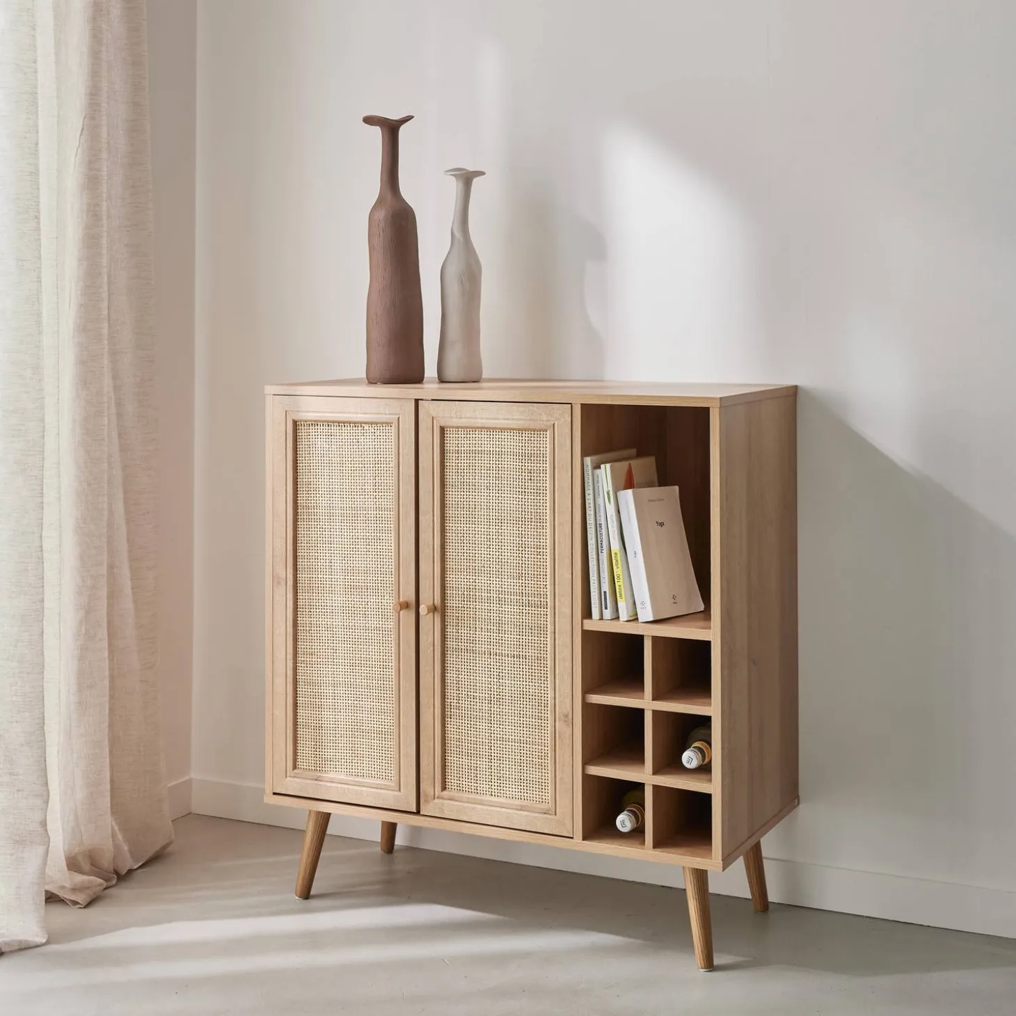 Sideboard with bottle holder, wickerwork and wooden decor