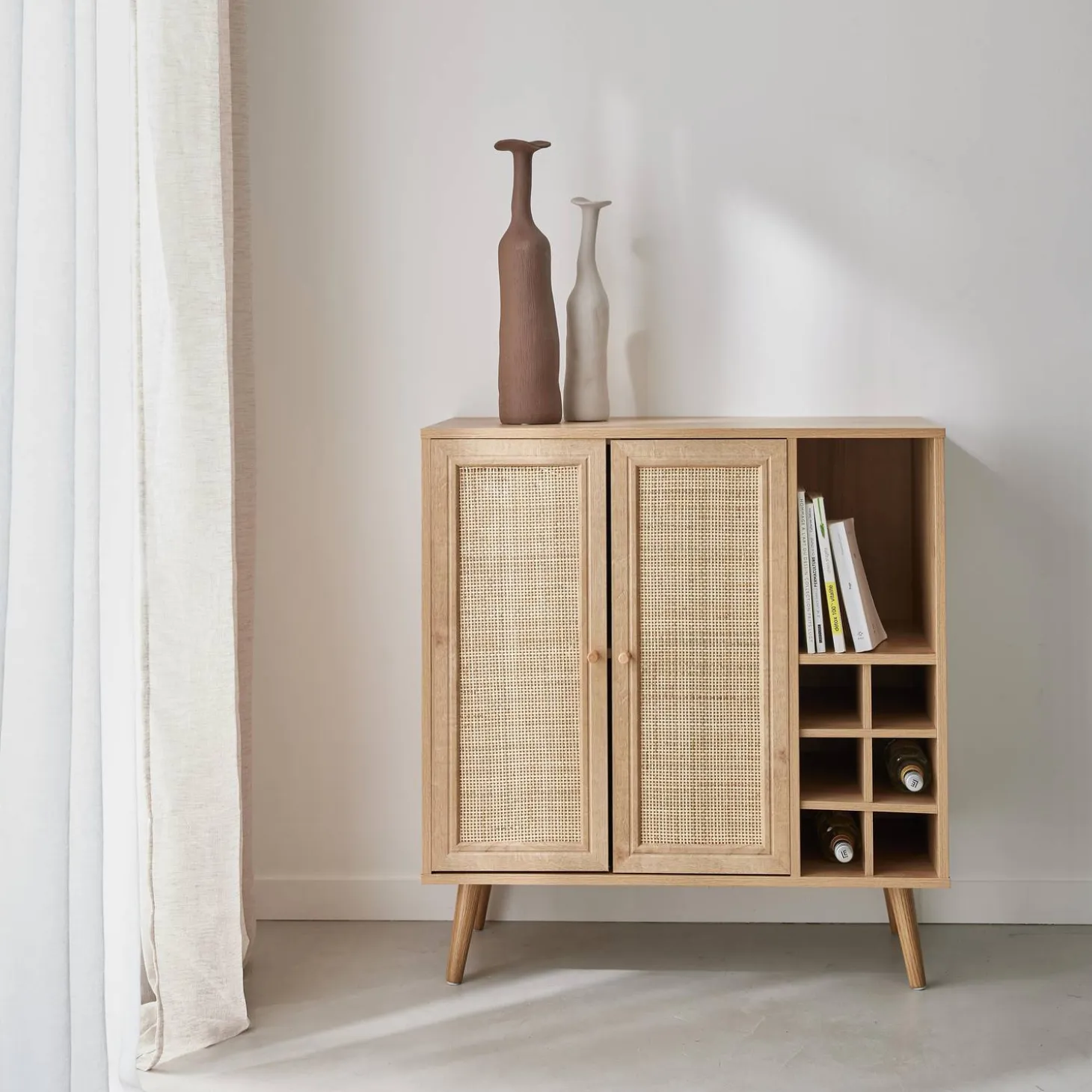 Sideboard with bottle holder, wickerwork and wooden decor