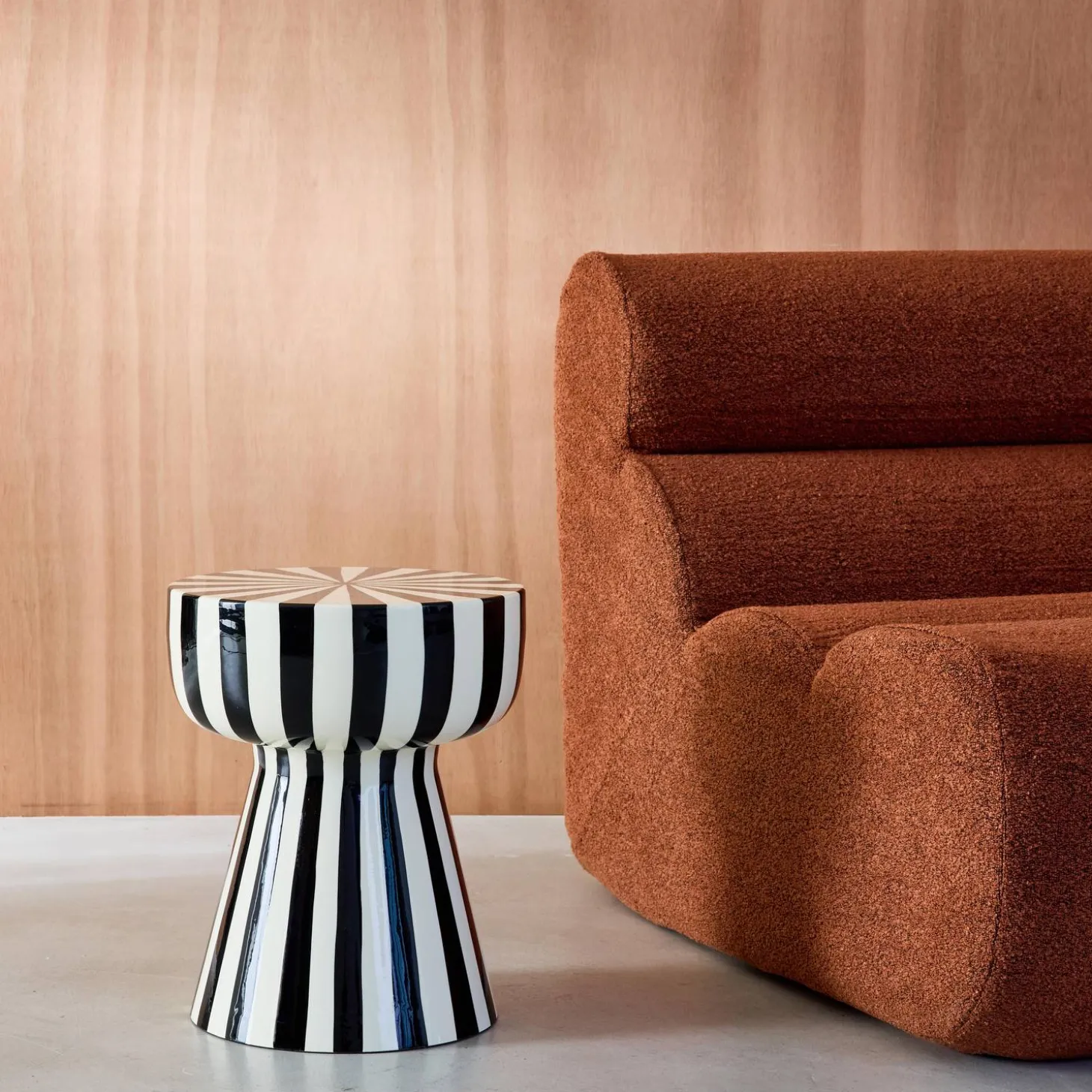 Side table, coffee table, bedside table, enamelled steel two-tone stripes