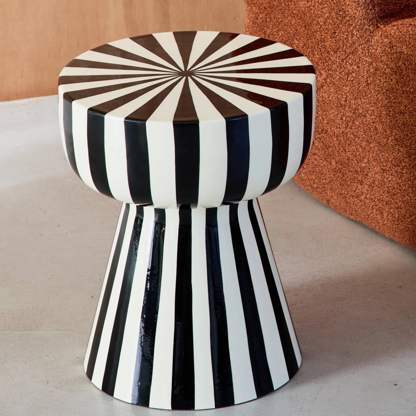 Side table, coffee table, bedside table, enamelled steel two-tone stripes