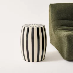 Side table, end table, bedside table in enameled steel, two-tone stripes Ø35 x H 46cm