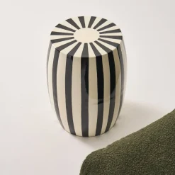 Side table, end table, bedside table in enameled steel, two-tone stripes Ø35 x H 46cm