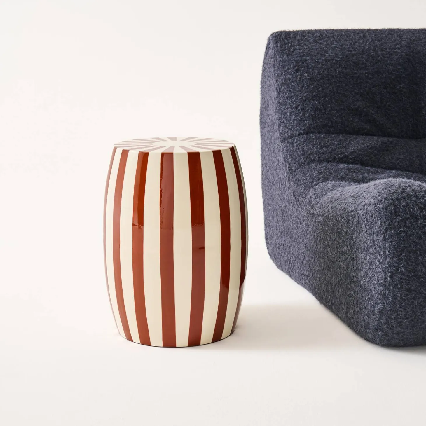 Side table, end table, bedside table in enameled steel, two-tone stripes Ø35 x H 46cm