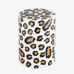 Side table, end table, bedside table in enameled steel, leopard pattern