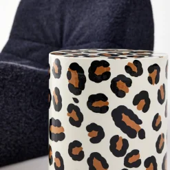 Side table, end table, bedside table in enameled steel, leopard pattern