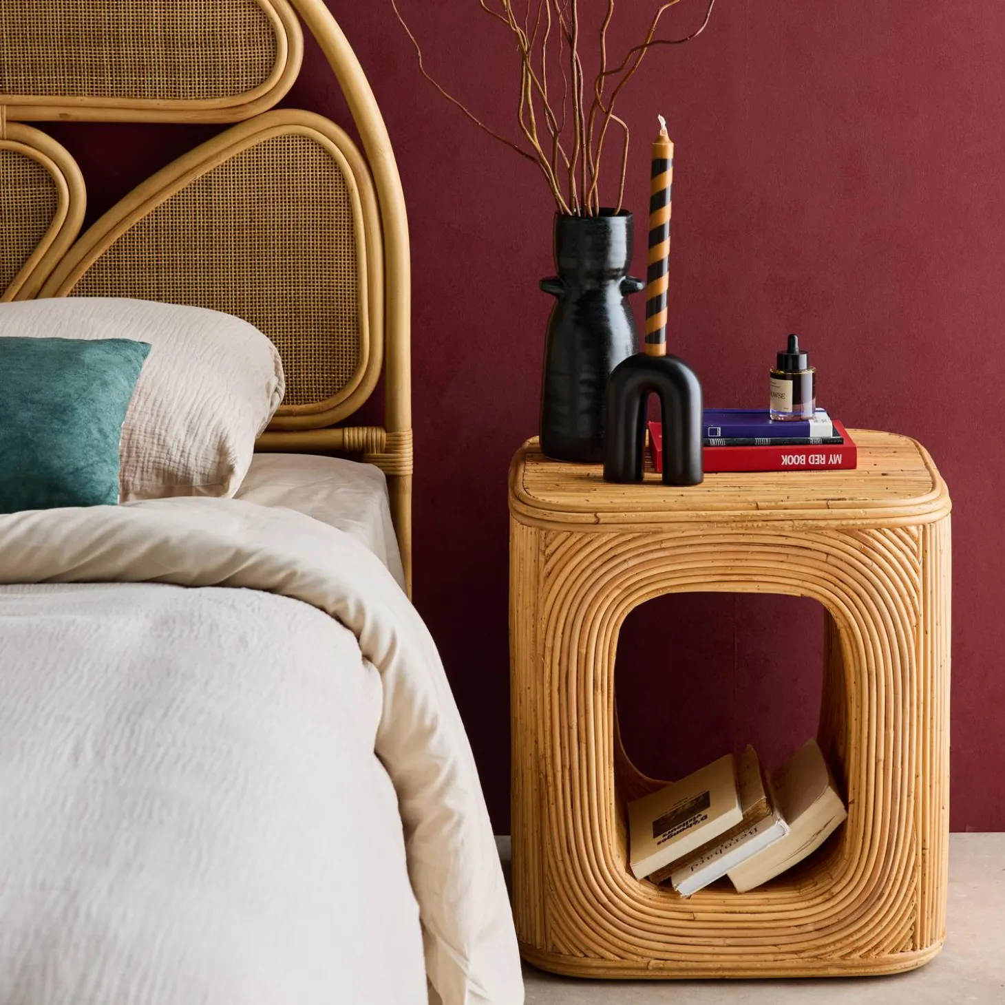 Side table or bedside table in natural rattan