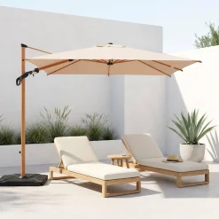 Square offset parasol 3x3m, wood effect pole + ballast slabs 50x50cm