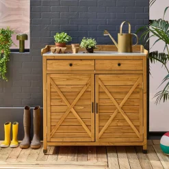Storage unit, fir wood potting table, 2 doors, 2 drawers