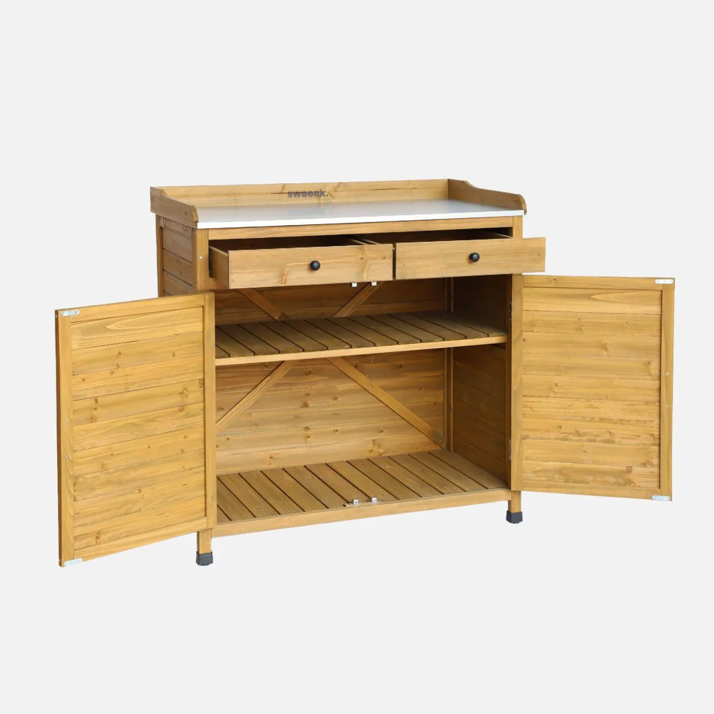 Storage unit, fir wood potting table, 2 doors, 2 drawers