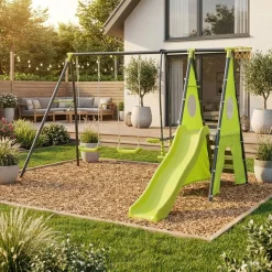 Swingset with 2 swings, slide, basketball hoop, climbing wall and tipi tent