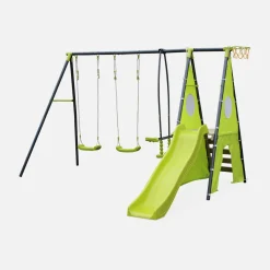 Swingset with 2 swings, slide, basketball hoop, climbing wall and tipi tent