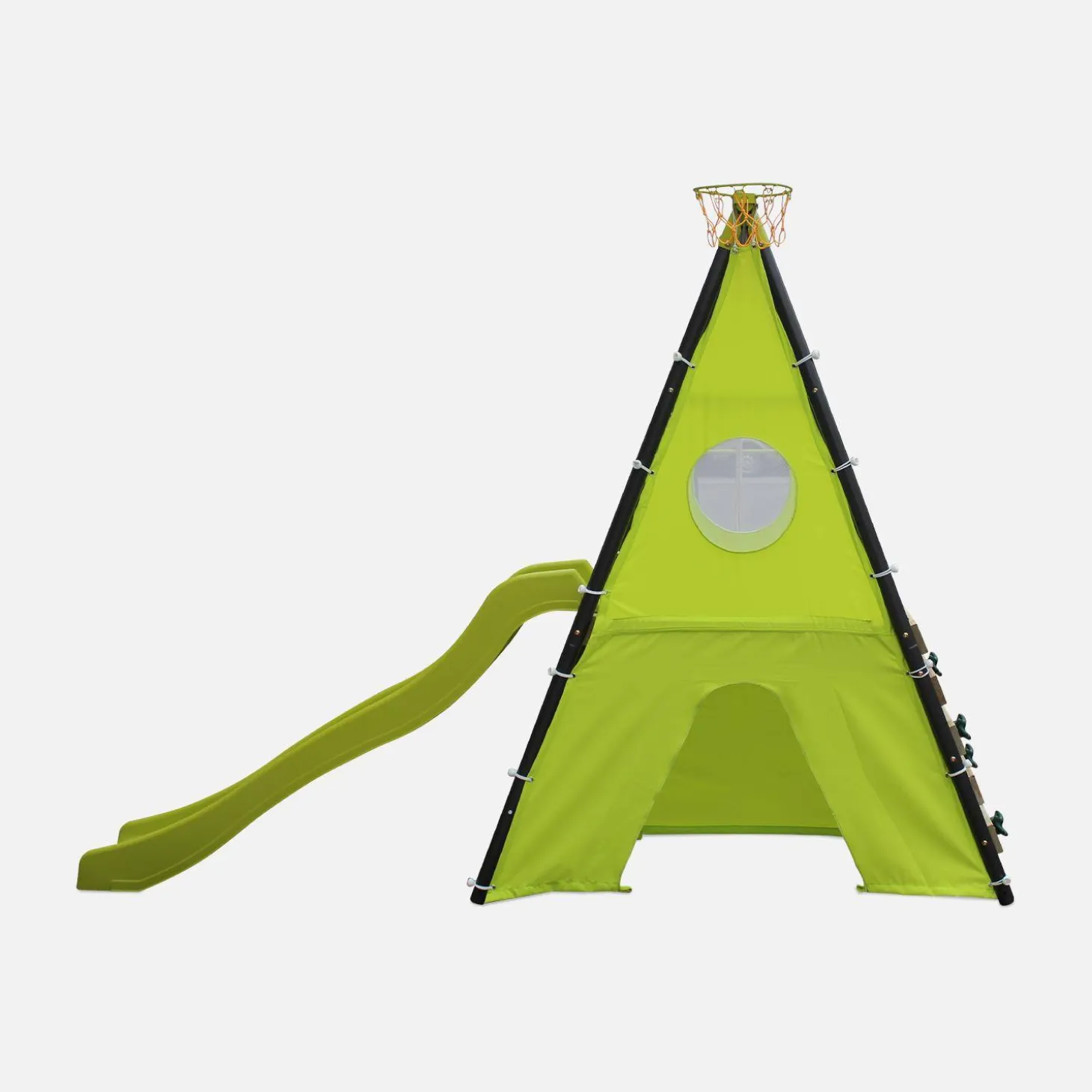 Swingset with 2 swings, slide, basketball hoop, climbing wall and tipi tent