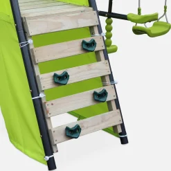 Swingset with 2 swings, slide, basketball hoop, climbing wall and tipi tent