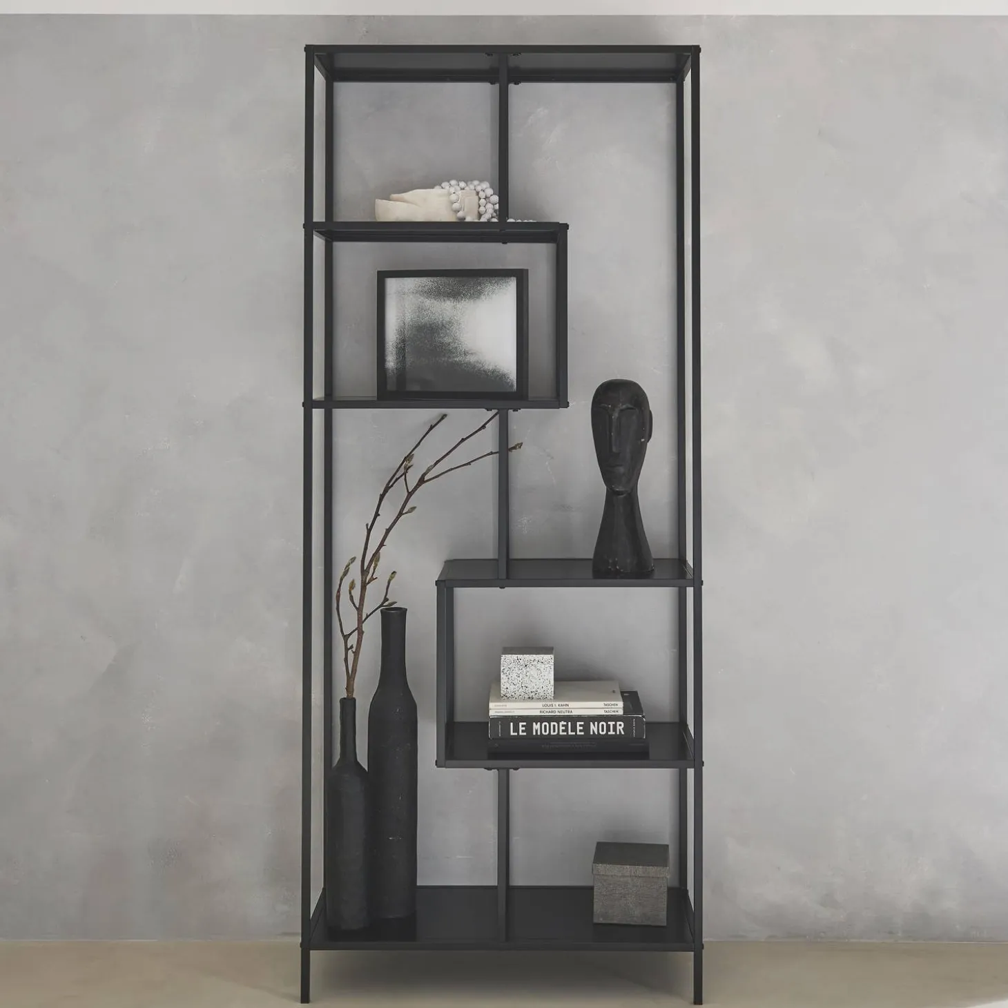 6-tier asymmetrical bookshelf in black metal