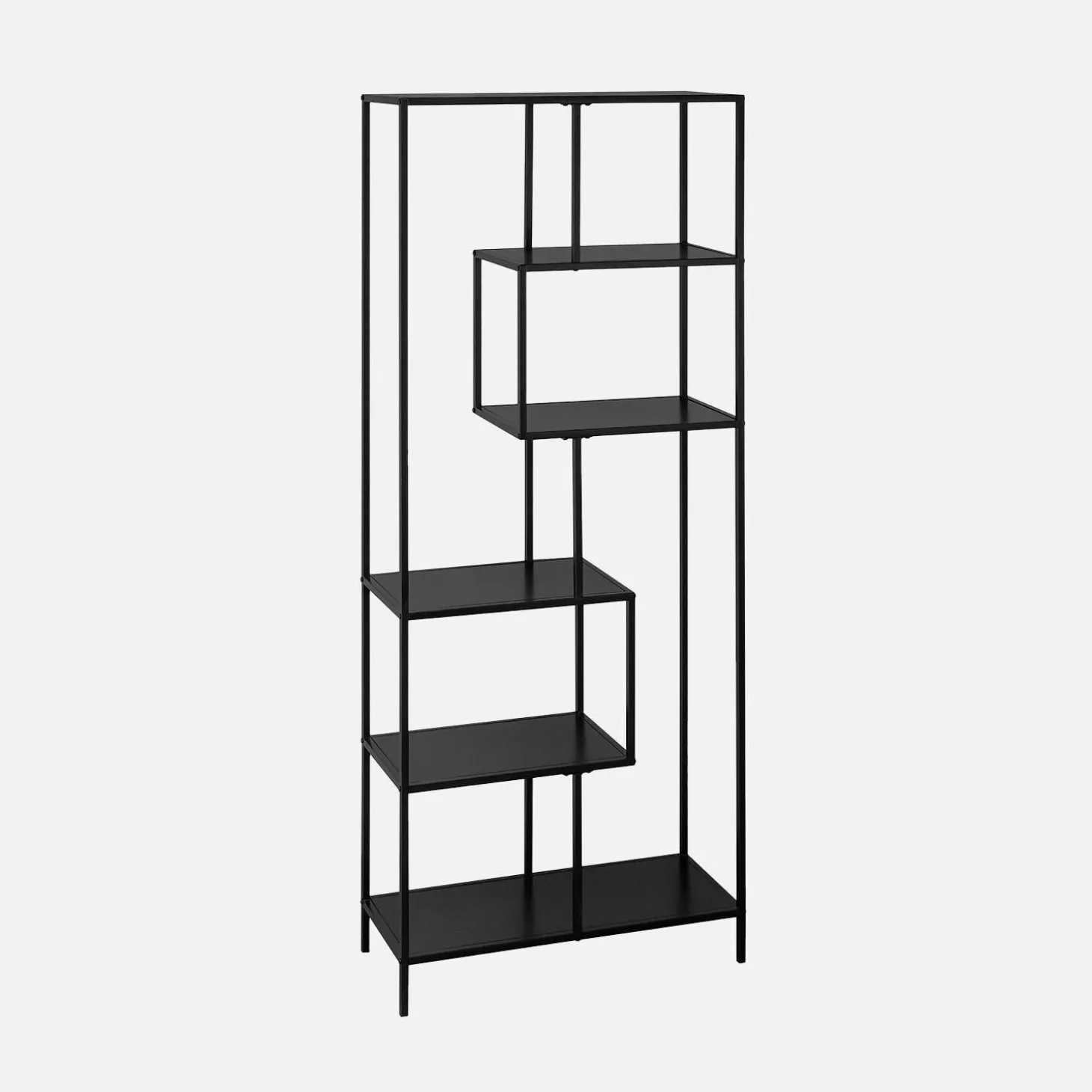 6-tier asymmetrical bookshelf in black metal