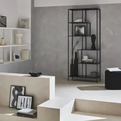 6-tier asymmetrical bookshelf in black metal