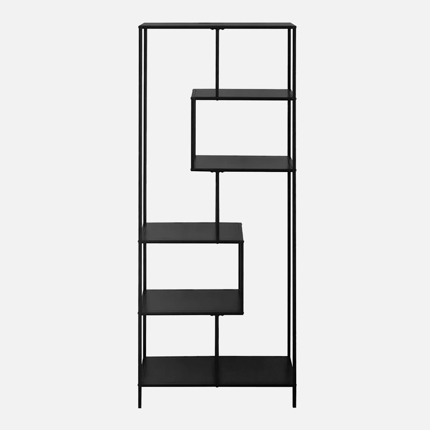 6-tier asymmetrical bookshelf in black metal