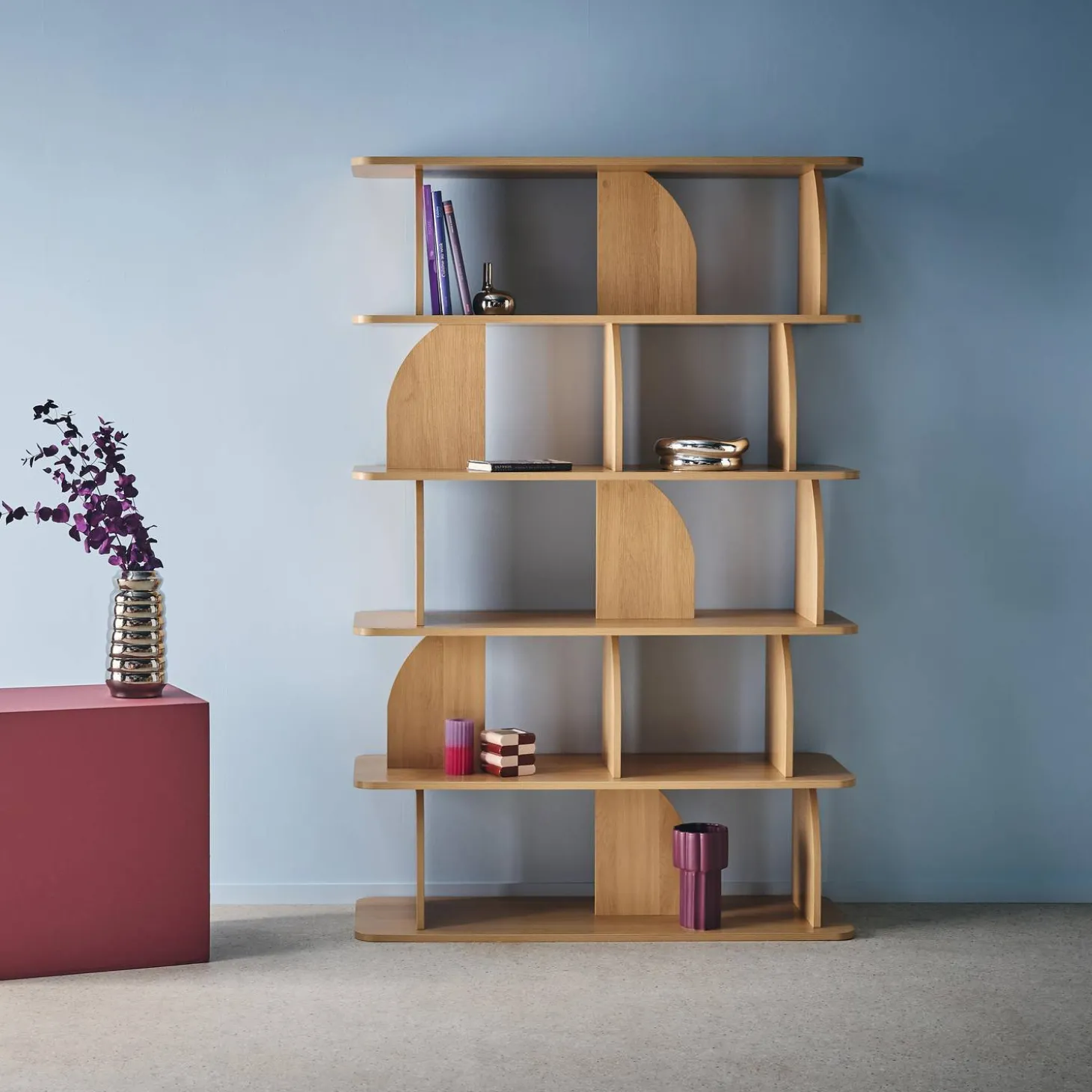 5-tier bookshelf, curved style dividers, exotic decor