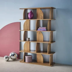 5-tier bookshelf, curved style dividers, exotic decor