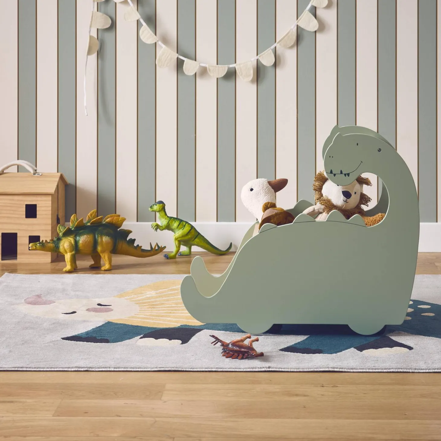 Toy box for children with wheels, dinasour