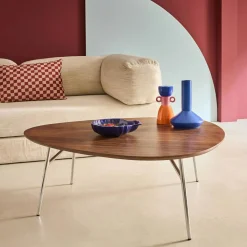 Triangular coffee table chrome legs and wood effect top