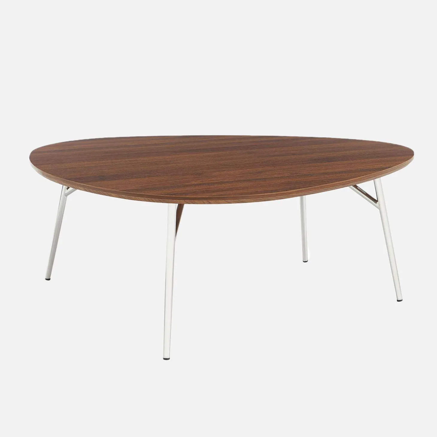 Triangular coffee table chrome legs and wood effect top