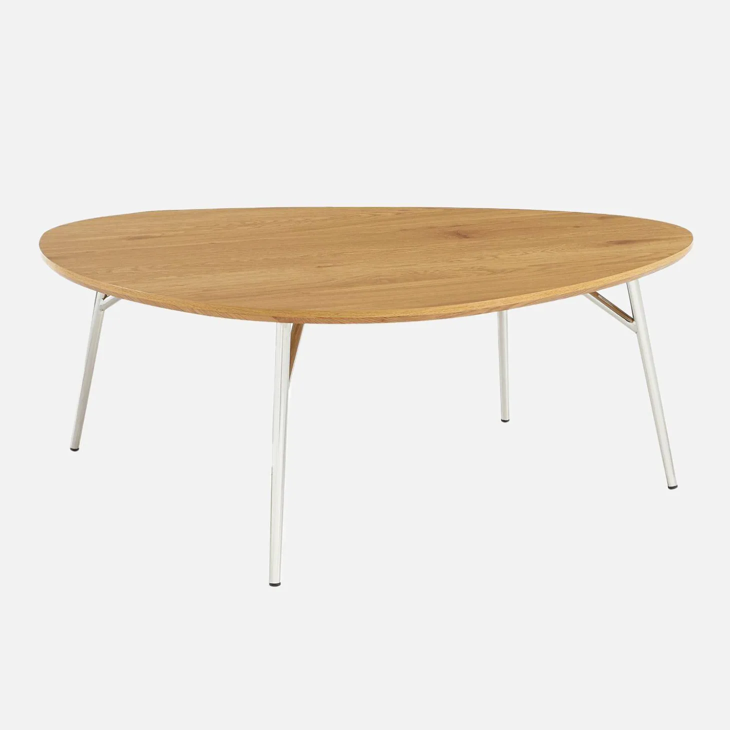 Triangular coffee table chrome legs and wood effect top