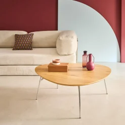 Triangular coffee table chrome legs and wood effect top