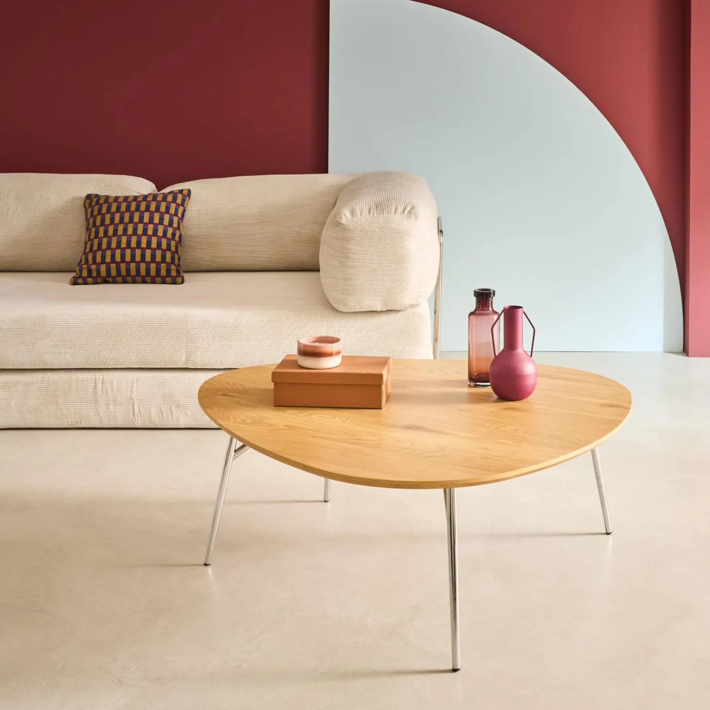 Triangular coffee table chrome legs and wood effect top