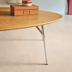 Triangular coffee table chrome legs and wood effect top
