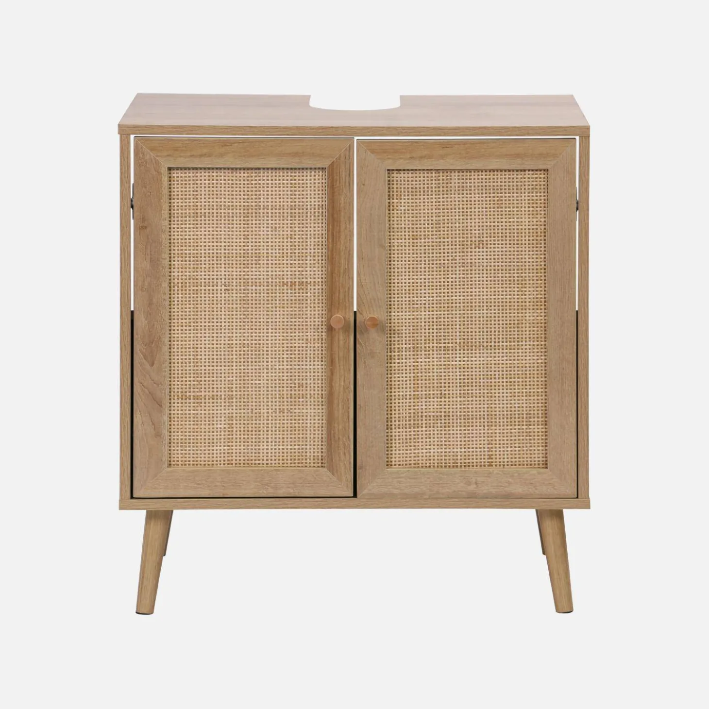 Under-washbasin cabinet with wood decor and rattan