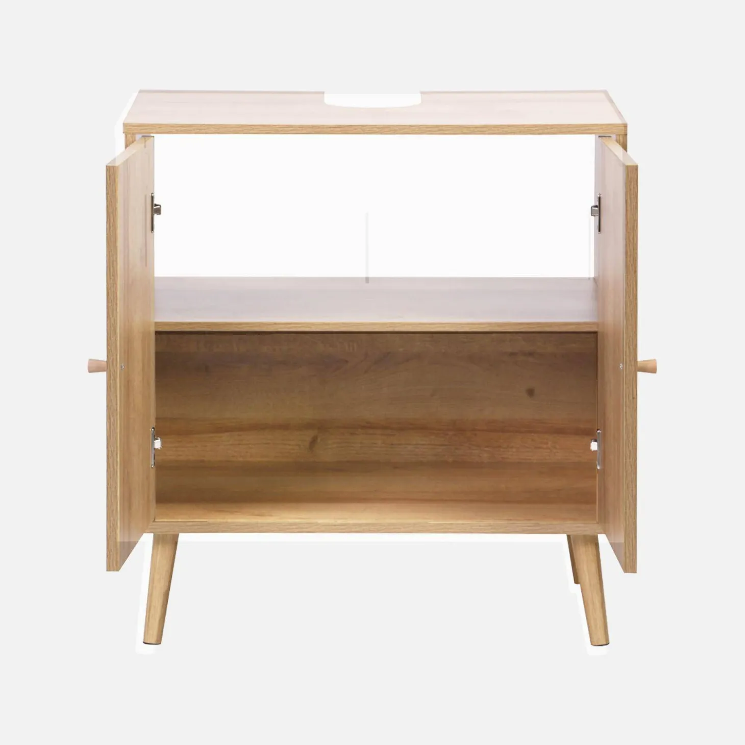 Under-washbasin cabinet with wood decor and rattan