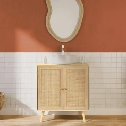 Under-washbasin cabinet with wood decor and rattan