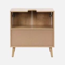 Under-washbasin cabinet with wood decor and rattan