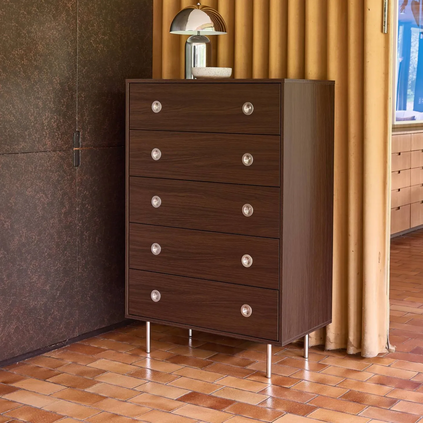 Vintage chest of drawers with wood decor and stainless steel, 5 drawers