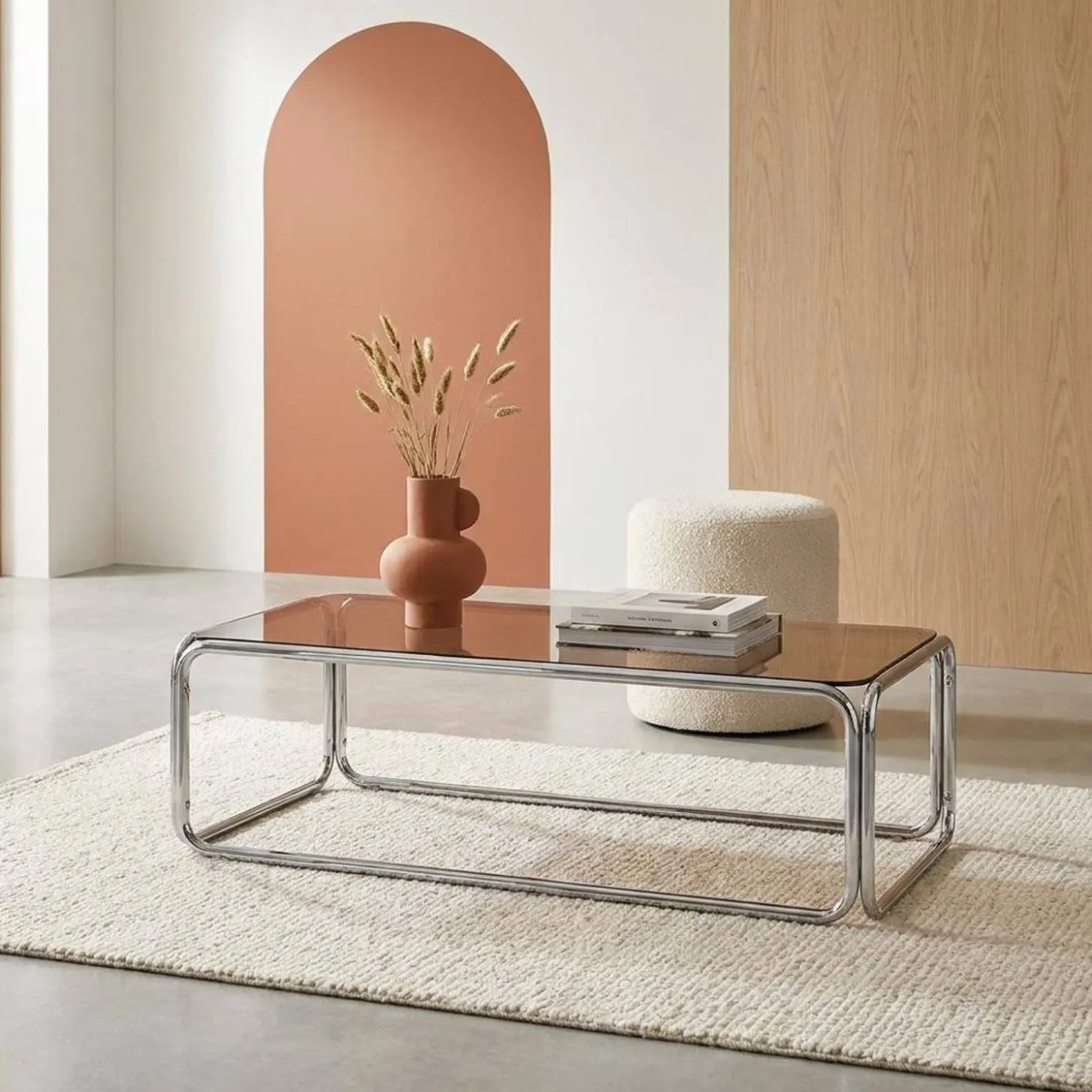 Vintage coffee table with chrome steel and tempered glass