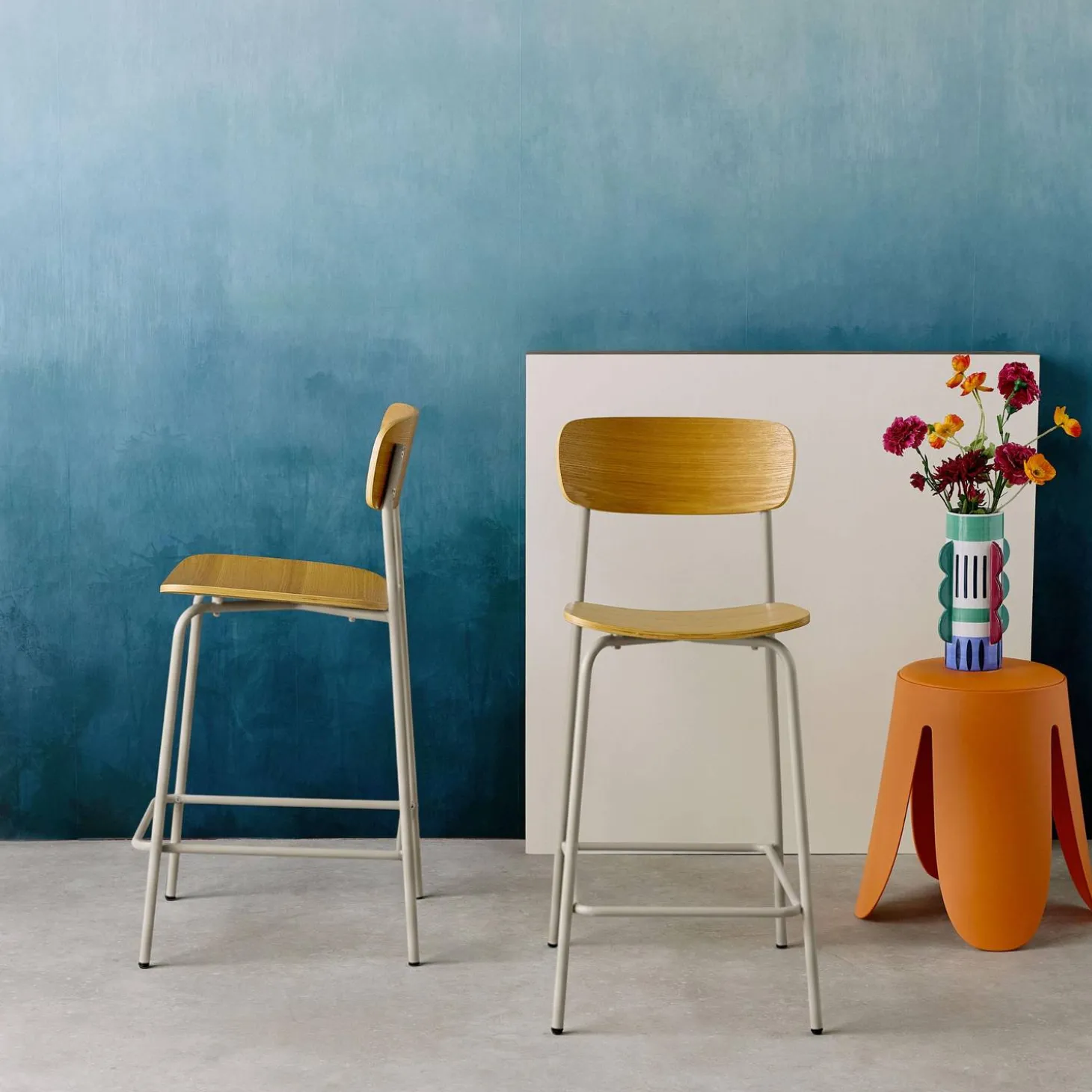 Vintage metal and plywood bar stool (set of 2)