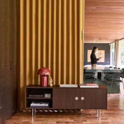 Vintage TV stand with wood decor and stainless steel, 2 doors 140cm