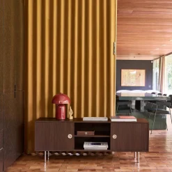 Vintage TV stand with wood decor and stainless steel, 2 doors 140cm