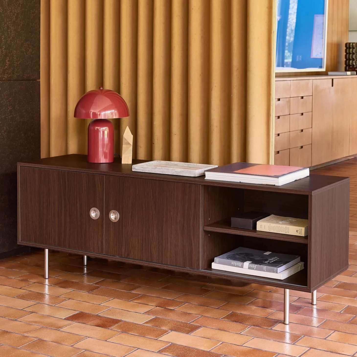 Vintage TV stand with wood decor and stainless steel, 2 doors 140cm