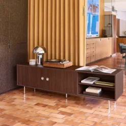 Vintage TV stand with wood decor and stainless steel, 2 doors 180cm