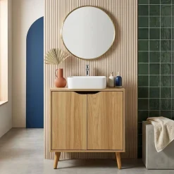 Vintage under-sink cabinet with wood decor