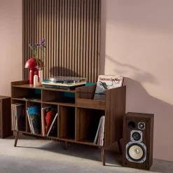 Vintage XL bicolor vinyl furniture with wood decor and colored background 130cm