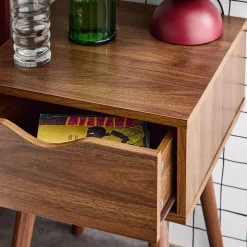 Walnut-stained wood bedside table, 1 drawer