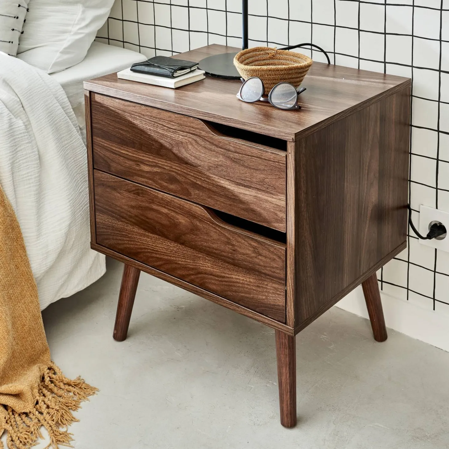 Walnut wood-effect bedside table