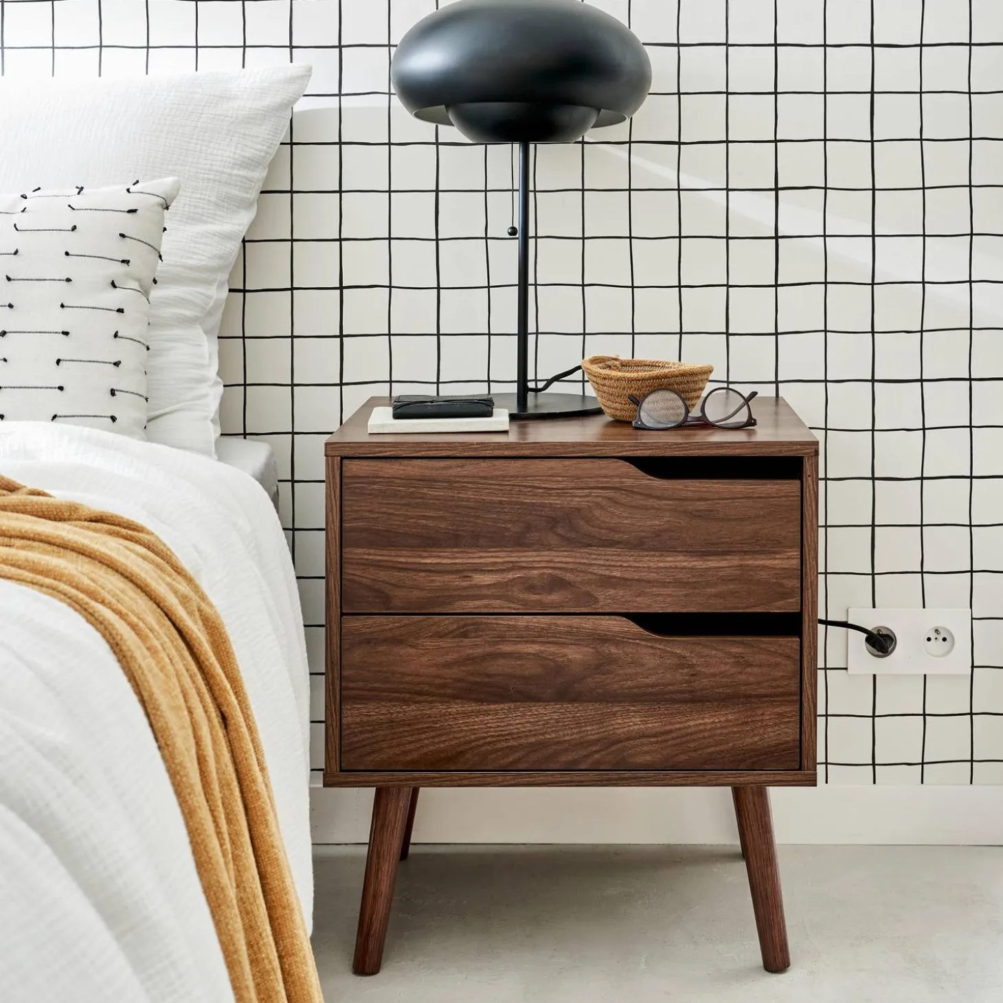 Walnut wood-effect bedside table