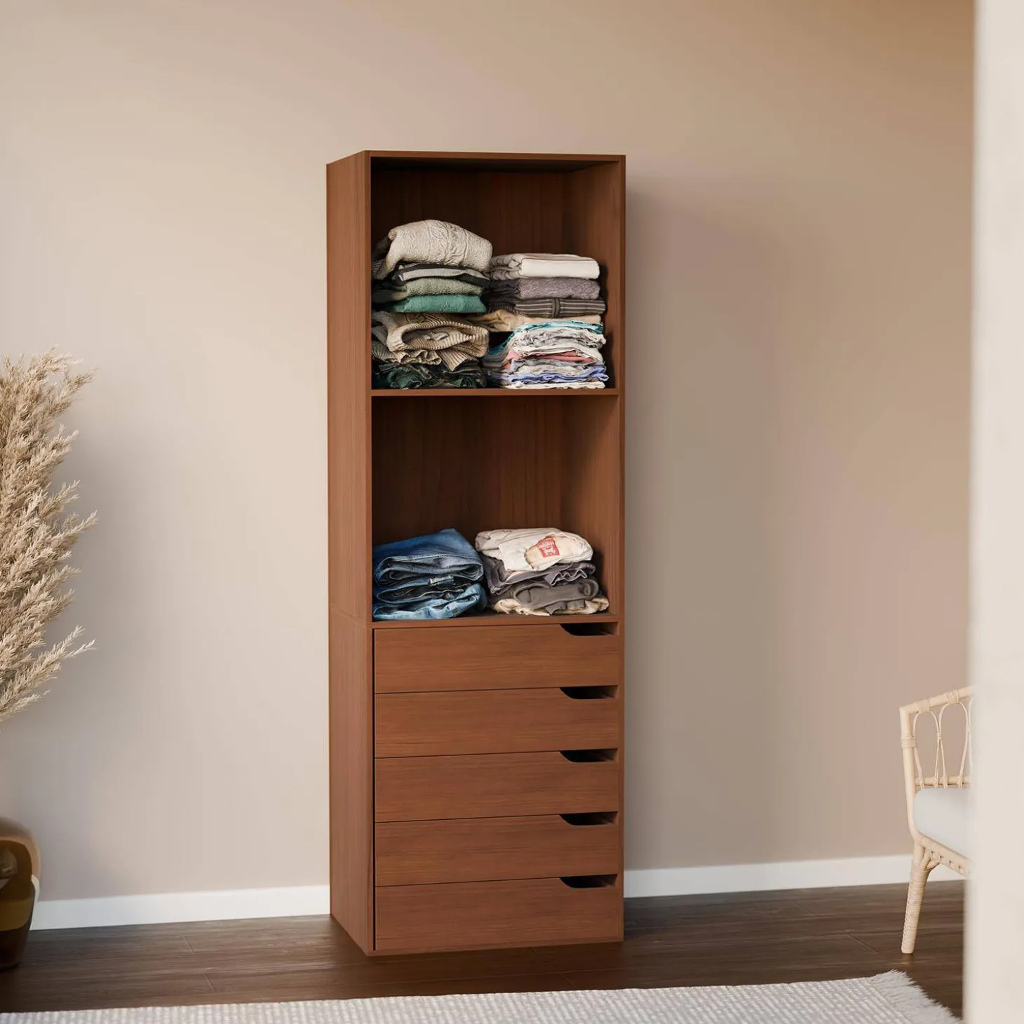 Wardrobe module with 5 drawers and 2 shelves wood decor