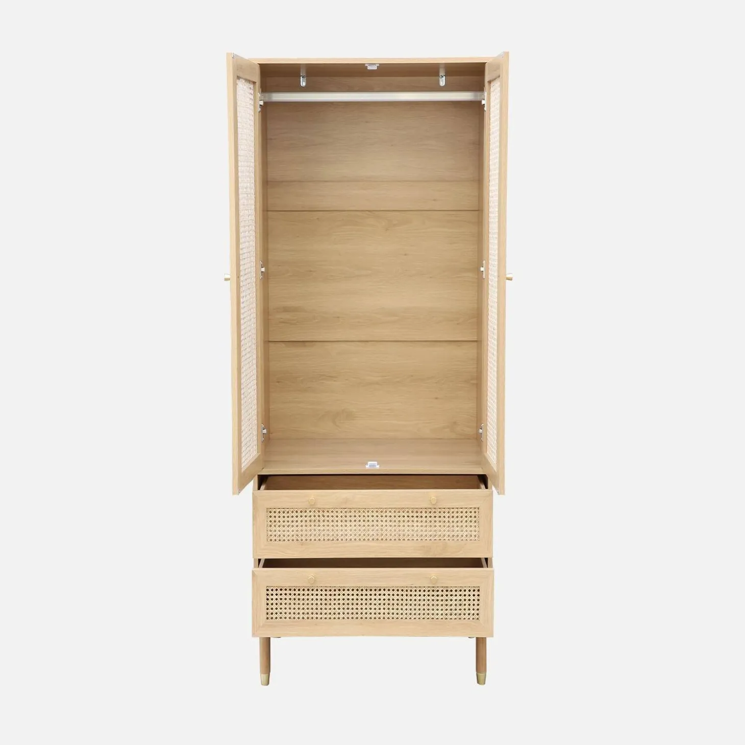 Wardrobe with 2 doors and 2 drawers, caning