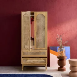 Wardrobe with 2 doors and 2 drawers, caning
