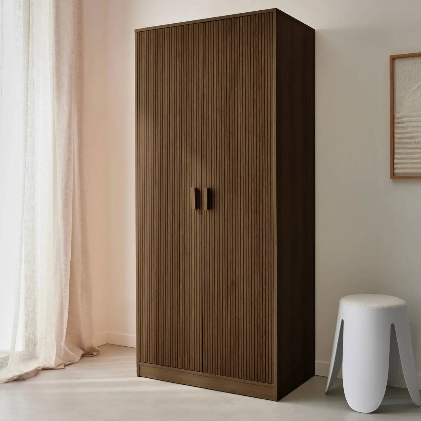 Wardrobe with wood decor, 1 hanging rail and 2 doors